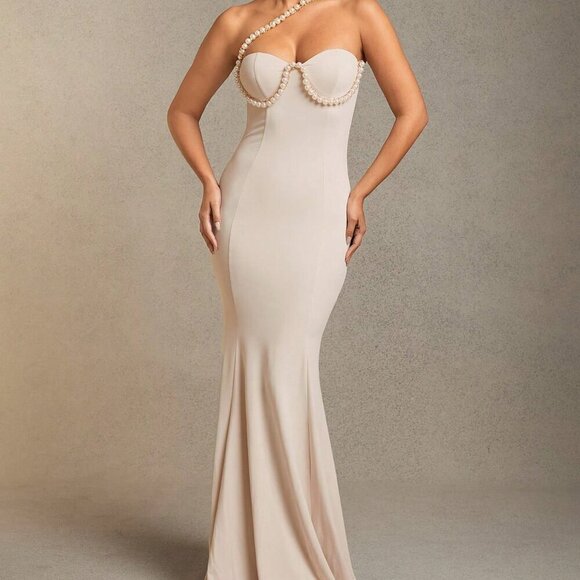 White Elegant Women's Jersey Pearl Embellished Bustier Mermaid Maxi Dress - Picture 3 of 5